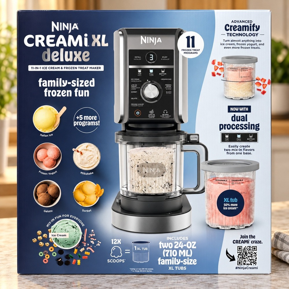 Ninja CREAMi XL Deluxe 11-in-1 Ice Cream Maker Silver 24oz Tubs Dual Processing